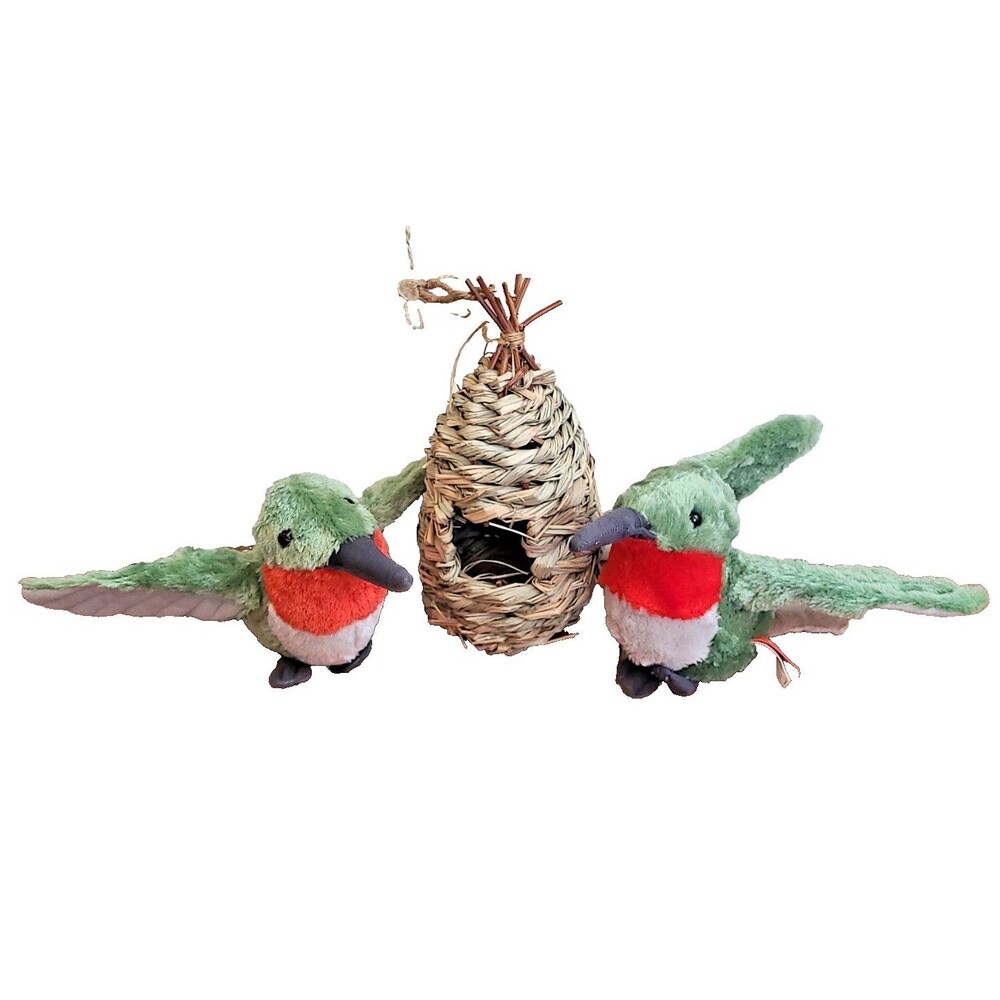 (2) Wild Republic Hummingbird Stuffed Animal Plush with Wood Rattan Nest